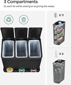 Szelektív konyhai hulladékgyűjtő, pedálos fedéllel, 3 x 8 literes  vödörrel, acél, fekete