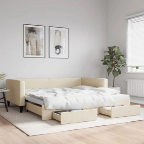 krémszínű kihúzható szövet heverő fiókkal 100x200 cm