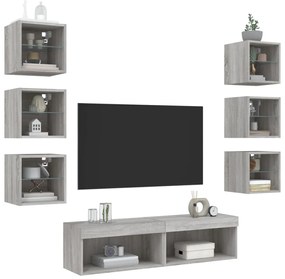 8 darab szürke sonoma színű szerelt fa fali TV-bútor LED-del