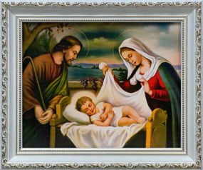 Vászonkép 26x31 Szent Család Jézus Krisztus József Mária Fehér Díszített Keret