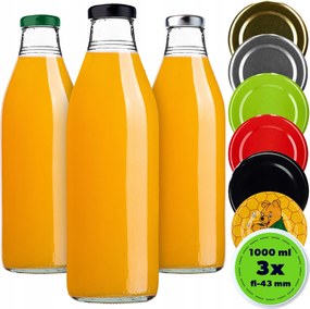 3x Üvegpalack 1L 1000 ml Gyümölcslé Tinktúra Kontúrok Gyümölcslé Kupakkal