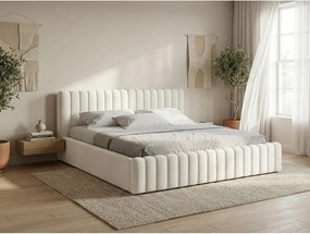 Krémszínű kárpitozott ágyneműtartós franciaágy ágyráccsal 180x200 cm Lemi – Makamii