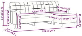 3 személyes világosszürke bársony kanapé lábtartóval 210 cm