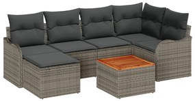 7 darabos kertiszófa szett párnákkal szürke poli rattan akáccal, 2 személyes kertiszófa tárolóval és párnákkal szürke poli rattan