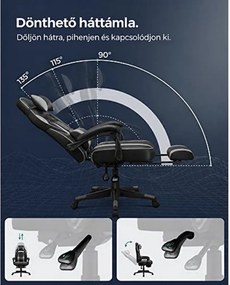 Ergonomikus irodai szék kihúzható lábtartóval, 90–135°-ban dönthető, 150 kg-ig, fekete-szürke