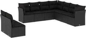 vidaXL 9 részes fekete polyrattan kerti ülőgarnitúra párnákkal