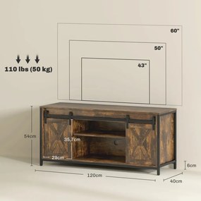 HOMCOM TV-szekrény, ipari formatervezés, 60"-os tévékhez, 6 rekesszel, 2 tolóajtóval, barna/fekete