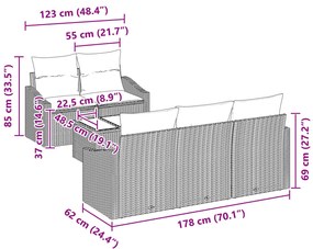 6 darabos Kerti Kanapé Szett Párnával Szürke Poli Rattan
