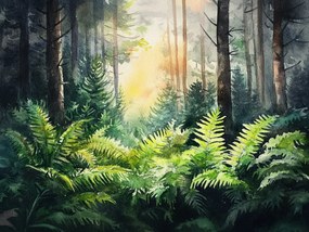 Vászonkép Canvas Akvarell Tájkép Erdő Fák Páfrány Növényzet 100x75