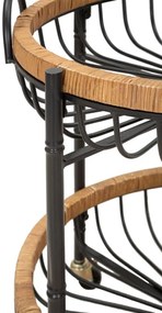 Kerek tálalókocsi fekete fém vázzal és rattan díszítéssel