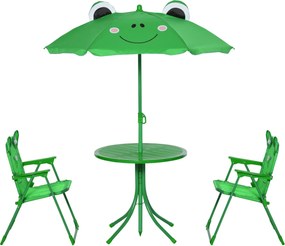 Outsunny Gyermek Kerti Asztal és Szék Szett Piknik Összecsukható Készlet Gyerekeknek Állítható Napernyő 100-125 cm Béka Mintázattal Zöld | Aosom