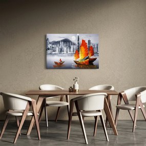 Festmény - Victoria Harbour, Hong Kong, fekete-fehér olajfestmény (90x60 cm)