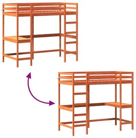 viaszbarna tömör fenyőfa galériaágy íróasztallal 90 x 190 cm