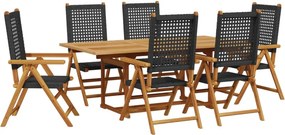 vidaXL 7 részes fekete polyrattan és tömör fa kerti étkezőgarnitúra