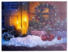 Koszorús gyertyás karácsonyi világító LED-es falikép 20x15 cm
