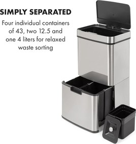 Klarstein Touchless, szemetes, szenzoros, 72 l, 4 tartály, ABS / PP / rozsdamentes acél