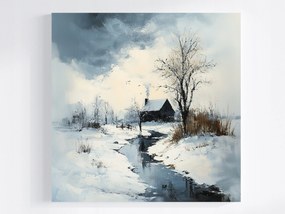 Vászonkép Canvas Tájkép Tél Hó Fagy Patak Ház Kunyhó 80x80