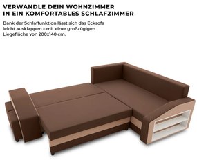 Grande sarokkanapé polcokkal és puffokkal , polc a jobb karfaban puffok a bal karfaban, jobboldali, szövet anyag, bonell töltet, barna