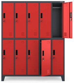 10 rekeszes öltözőszekrény lábakon BARTEK, 1360 x 1720 x 450 mm, antracit-piros