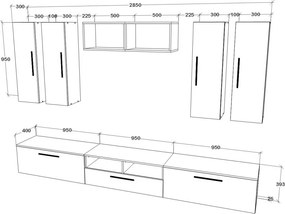 Kos V4 nappali szekrénysor, Fekete / Fényes fehér, MDF, 285 cm