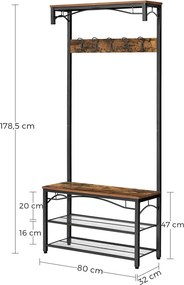 Előszoba fogas polccal, akasztókkal, cipőtartóval és ülőkével, rusztikus barna 80x32x178cm
