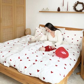 Goldea pamut ágyneműhuzat - piros szívecskék, fehér alapon 140 x 200 és 70 x 90 cm