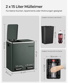 30 literes fém szemetes, 2 x 15 liter hulladékgyűjtő, füst szürke