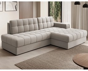 Bézs bársony kinyitható sarokkanapé (jobb oldali-heverő résszel) Blezalt – ELTAP