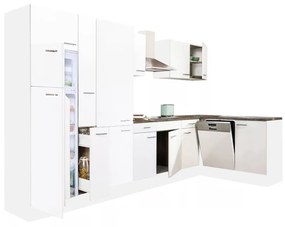 Yorki 370 sarok konyhablokk fehér korpusz,selyemfényű fehér fronttal polcos szekrénnyel és felülfagyasztós hűtős szekrénnyel