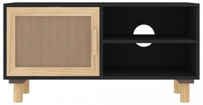 fekete fenyőfa és természetes rattan TV-szekrény 80x30x40 cm