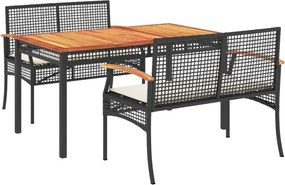 vidaXL 3 részes fekete polyrattan kerti étkezőgarnitúra párnákkal