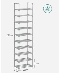 10 polcos cipőtartó, cipőtároló polc 174x45x30cm, szürke