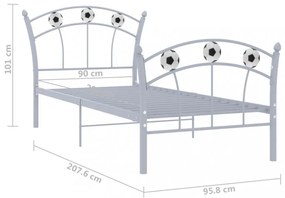 szürke fém ágykeret focis dizájnnal 90 x 200 cm