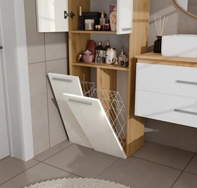 2K DK fürdőszoba szekrény, szennyestartóval, 60x174x30 cm, tölgy-fényes fehér front