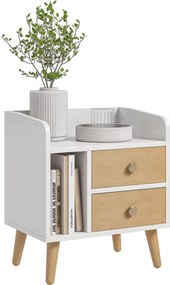 HOMCOM Éjjeli Székasztal 2 Nagy Fiókkal és 1 Nyitott Polccal, Emelt Fenyőlábakkal, Nordikus Design, 43x30x49 cm, Fehér | Aosom