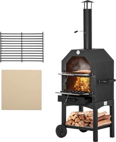 Outsunny Fali Pizza Sütő 2 Rétegű Fás Tüzelésű Sütő Kerekekkel, Levehető Fiókos Tároló Polccal Teraszra, Kempinghez, 64x54x160 cm | Aosom