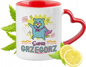 Piros bögre szív alakú füllel Gergelynek Ajándék