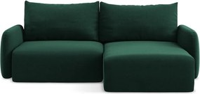 Sötétzöld bársony kinyitható-tárolóhelyes sarokkanapé (jobb oldali-heverő résszel) Kalena – Makamii
