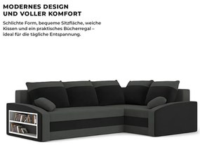 Grande sarokkanapé polcokkal , polc a bal karfaban, jobboldali, szövet anyag, bonell töltet, szürke - fekete