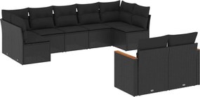 vidaXL 9 részes fekete polyrattan kerti ülőgarnitúra párnákkal