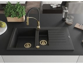 Mexen Matias, gránit mosogató 900x505x200 mm, 1,5 kamrás és Aster mosogató csaptelep, fekete-ezüst metál, 6502-73-73450-57-G