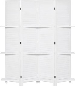 HOMCOM 4-Panel Fa Szobai Elválasztó Hajtható Partíció 3 Leválasztható Polccal Zsalugáteres Kialakítással Hálószobába Irodába 160x170 cm Fehér | Aosom