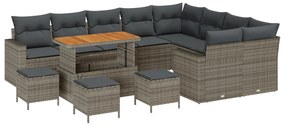 13 Részes Kert Kanapé Szett Párnákkal Szürke Poly Rattan Akác, 4 Részes Kert Étkező Szett Párnákkal Szürke Poly Rattan Akác