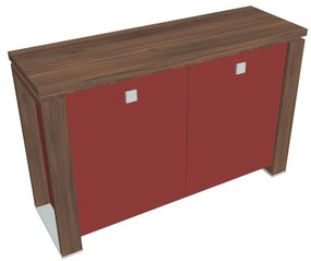 Verno+ S alacsony szekrény 140 x 46 x 90 cm, üvegajtó, dió / piros