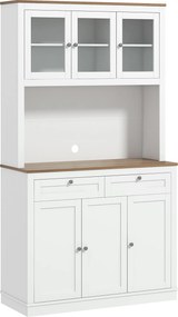 HOMCOM Konyhai Kamra Segéd Konyhaszekrény Konyhai Buffet 3 Üvegajtóval, Nyitott Rekesszel, 2 Fiókkal és Állítható Polcokkal 100x40x180 cm Fehér | Aoso