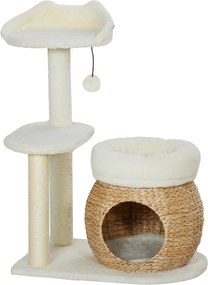 PawHut 79 cm-es Kaparóoszlop Macska Fa Macska Bújóval, Ággyal, Játék Labdákkal, Sisakos Kaparóoszlop, 5 kg-os Macskáknak, Krémfehér | Aosom