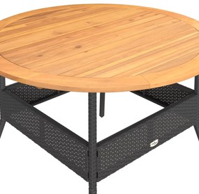 fekete polyrattan kerti asztal akácfa lappal Ø110 x 71 cm