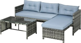 Outsunny Kerti Látványfogadó Szett 2-Fős Kanapéval, Kádban Fekvő Részével és Kávézóasztallal, PE Rattan és Üveg Kerti Szett Párnákkal, Szürke | Aosom