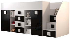 Kombinált gyerekágy 90 cm Toreno 3 (fehér + fényes fehér + fényes fekete) (J). 1083326