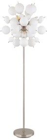 Globo 15633SO Állólámpa fém nikkel matt, fehér színű üveggömbök, fekete PVC kábel, lábpedálos kapcsoló a kábelen, ø: 550mm, M: 1550mm, kábel hossza 1800mm, üveggömbök átmérője: 24 x 6 cm, 24 x 10 cm, 6x E14 25W 230V izzók nélkül